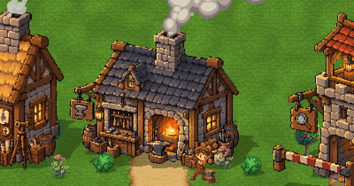 The Foundry in Highland Hamlet: the Builder hammers at the anvil while smoke rises from the forge